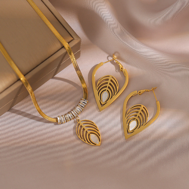 Titanium Steel Oval Leaf Fashion Jewelry Set Elegant Necklace and Earring Set Cute Fashion Jewelry Set