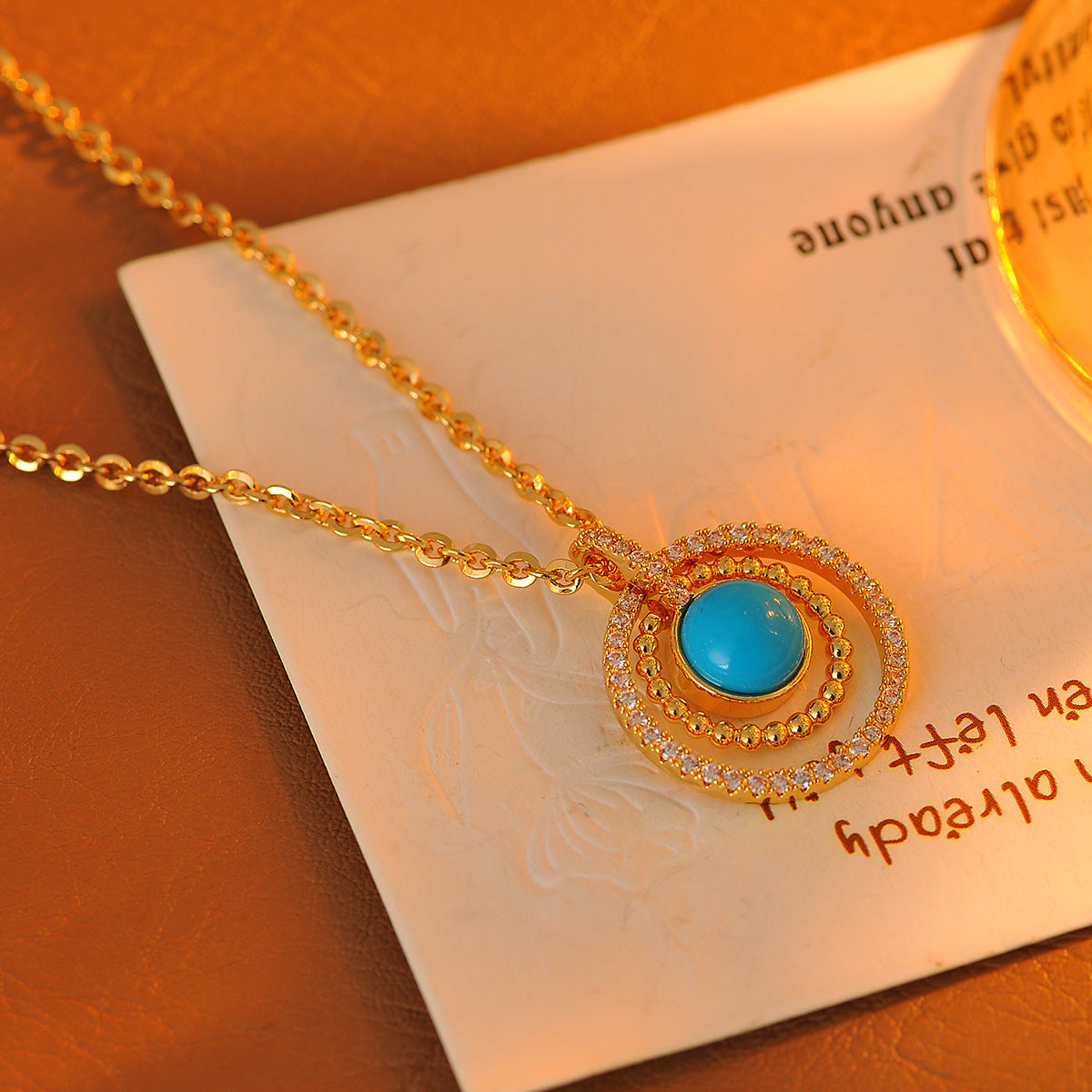 French Style Light Luxury High-End Vintage Full Diamond Turquoise Pendant Necklace Exquisite Retro Collarbone Chain