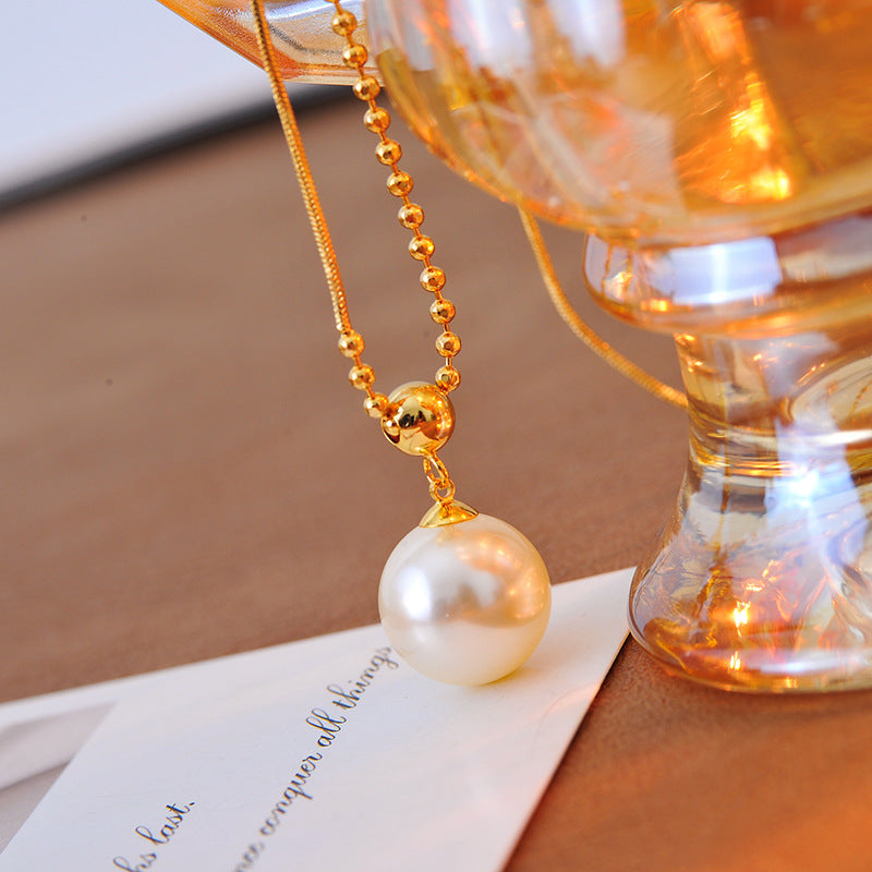 High Version Light Luxury Niche 18K Real Gold Plated Collarbone Chain Necklace with Bead Pendant Versatile High-End Feel