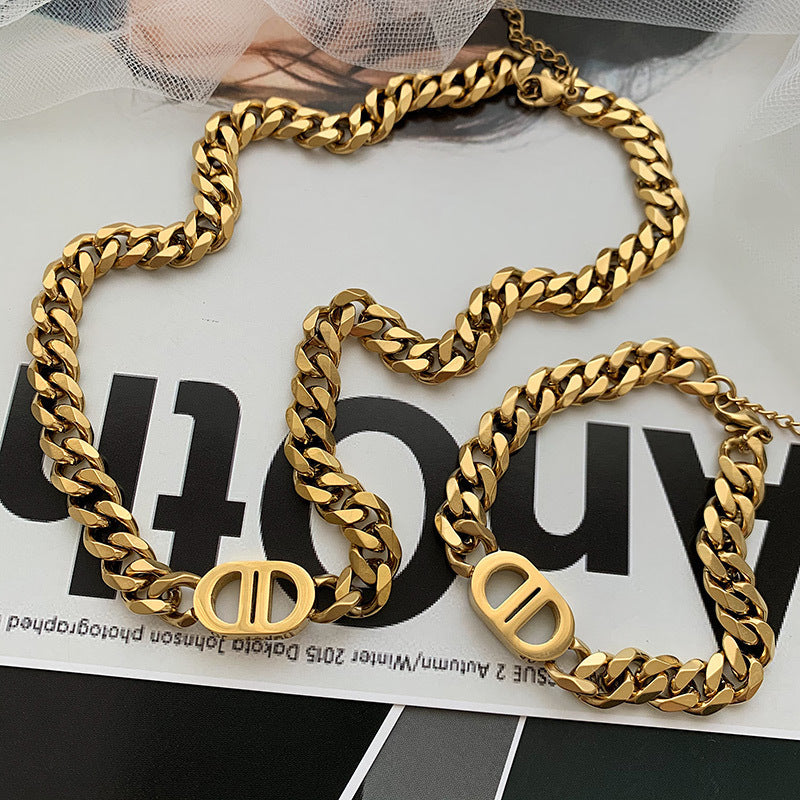 Heavy Industry High-Quality Thick Chain Gold Letter Titanium Steel Necklace for Women European and American Ins Internet Celebrity Hip-Hop Short Clavicle Chain Bracelet