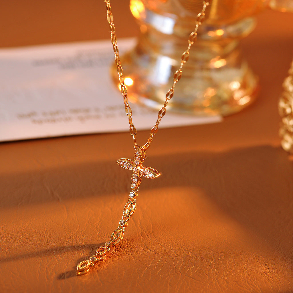 Necklace Real Gold Plated Gold Tassel Full Diamond Women's High-end Cross Pendant Clavicle Chain
