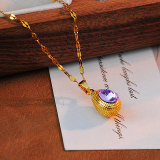 Elegant Versatile Purple Zircon Water Drop Necklace for Women, Light Luxury High-End Durian Pendant, Summer New Collarbone Chain Necklace