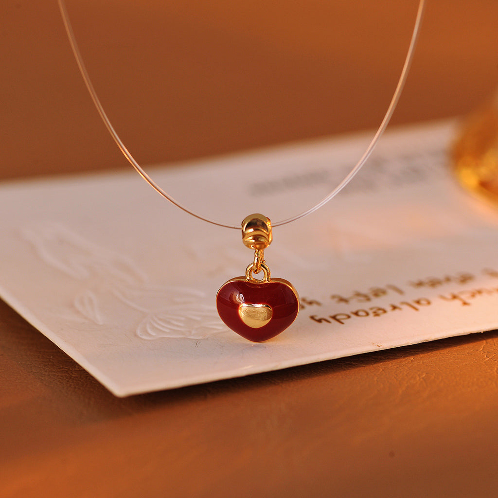 Red Glazed Heart Fishing Line Necklace, Light Luxury Elegant Versatile Fashion Jewelry