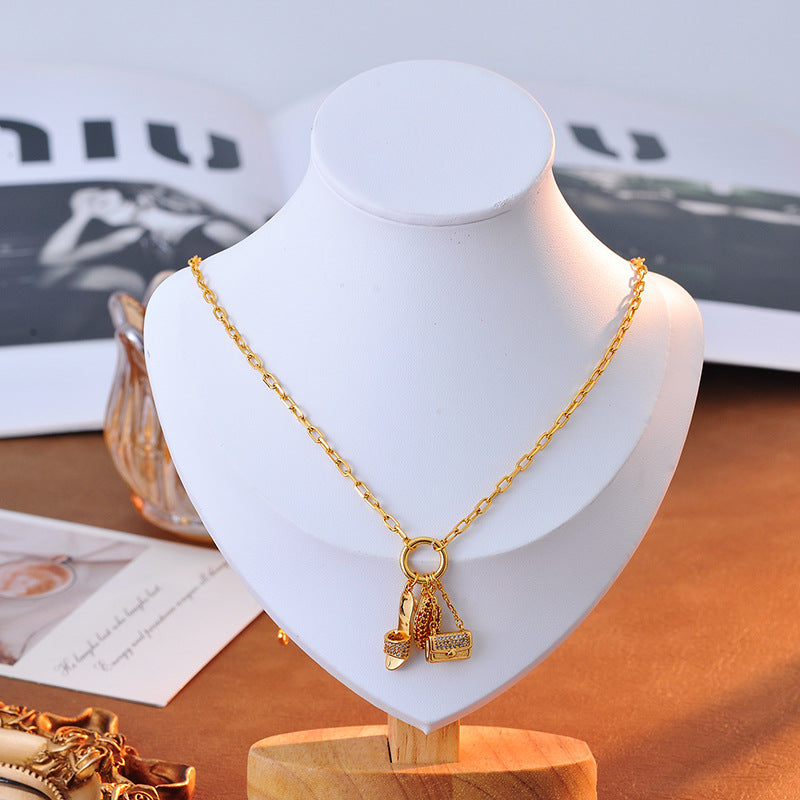 Sexy Sparkling Diamond Red Lips Cute Earrings 3D Bag Creative High Heels Multi-Drop Necklace Collarbone