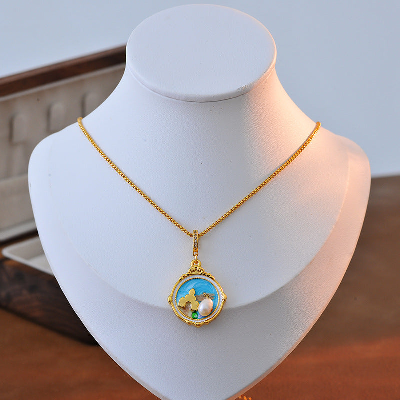 Oil Painting Vintage Necklace for Women French Style Natural Freshwater Pearl Niche Design Retro Light Luxury High-end Clavicle Chain