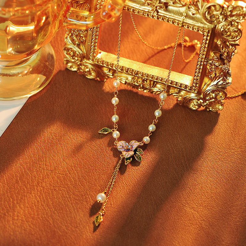 2025 Women's New Forest Style Freshwater Pearl Enamel Oil Drop Purple Flower Elegant Fashion Necklace
