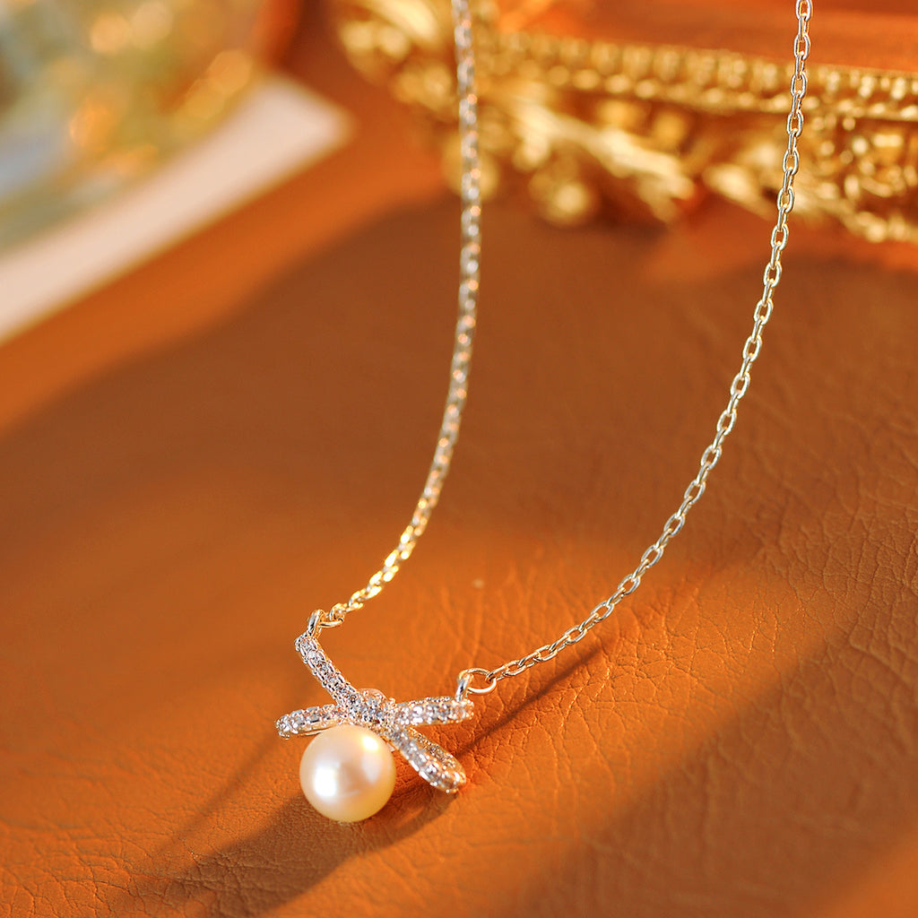 Sweet Full Diamond Bowknot Pearl Necklace for Women, Exquisite Versatile Stylish Collarbone Chain Necklace Jewelry