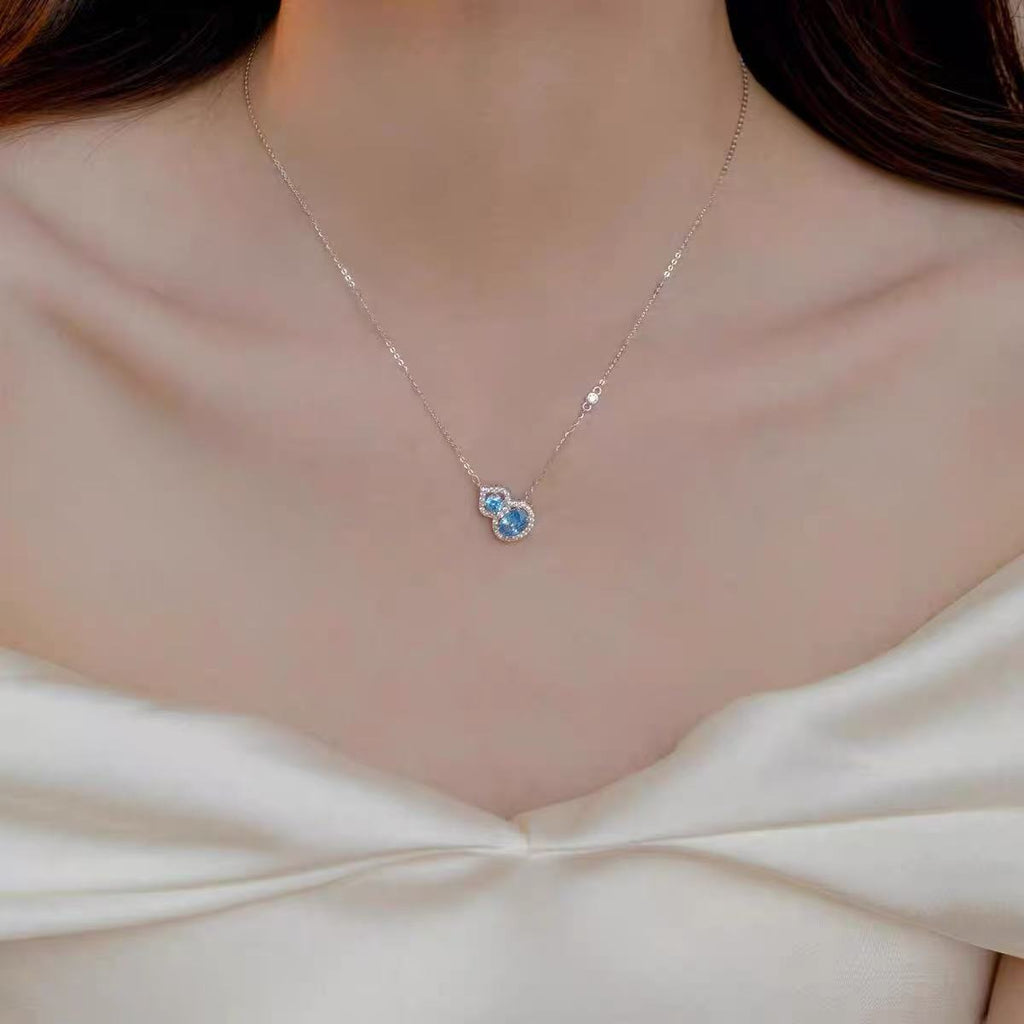 S925 Sterling Silver Necklace for Women New Hot Style Pink Zircon Blue Zircon Gourd Pendant Clavicle Chain Summer Exquisite Neck Chain