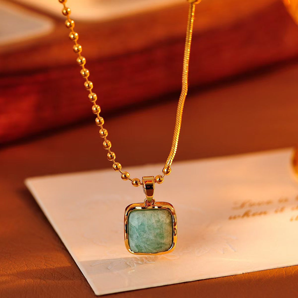 Niche Design Blue Green Square Pendant Necklace Earrings Vintage Versatile High-end 2025 New Neck Chain