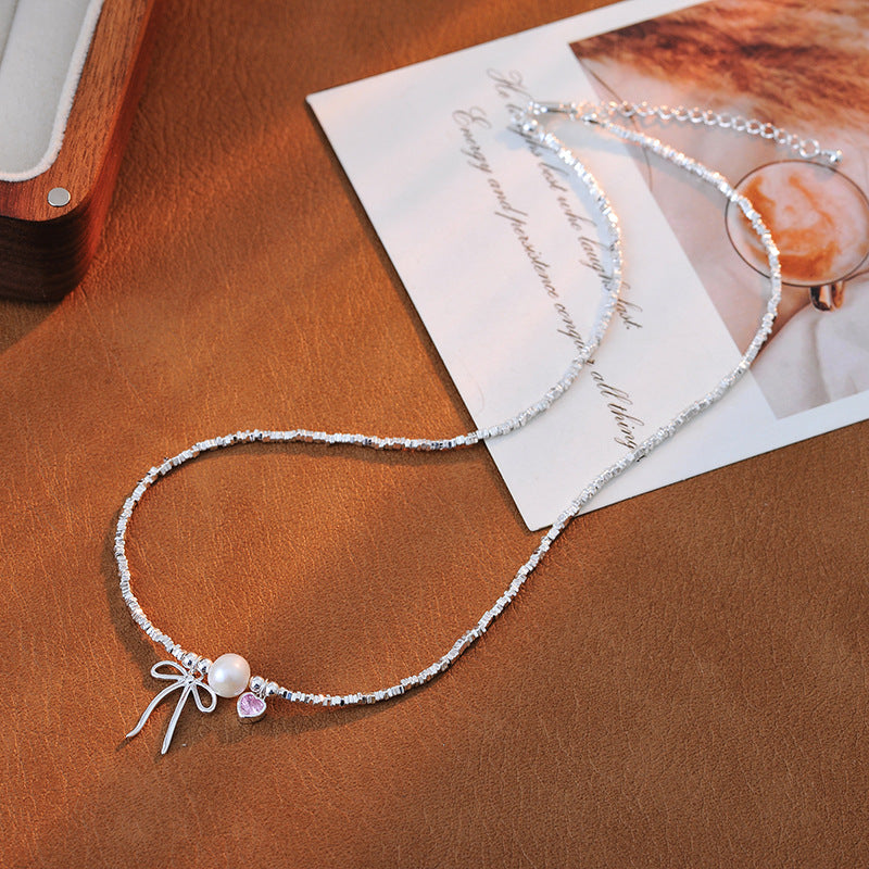 New Bowknot Pearl Pink Zircon Bracelet Necklace for Women Simple Handmade Design Silver Fragment Jewelry Collarbone Chain