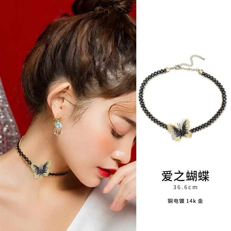Korean Style Internet Celebrity Necklace Women's Short Clavicle Chain Choker Lace Hollow Woven Crystal Butterfly Neck Chain Jewelry
