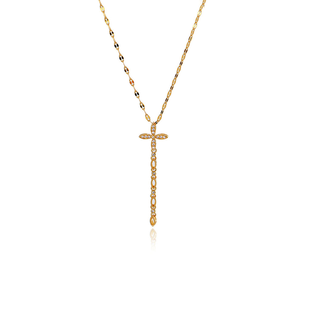 Necklace Real Gold Plated Gold Tassel Full Diamond Women's High-end Cross Pendant Clavicle Chain
