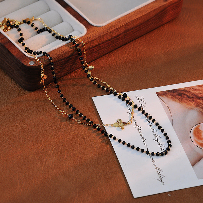 Electroplated Fashion Exquisite Double Layer Stacked Four-Leaf Flower Obsidian High-End Personality Necklace Versatile Collarbone Chain Choker