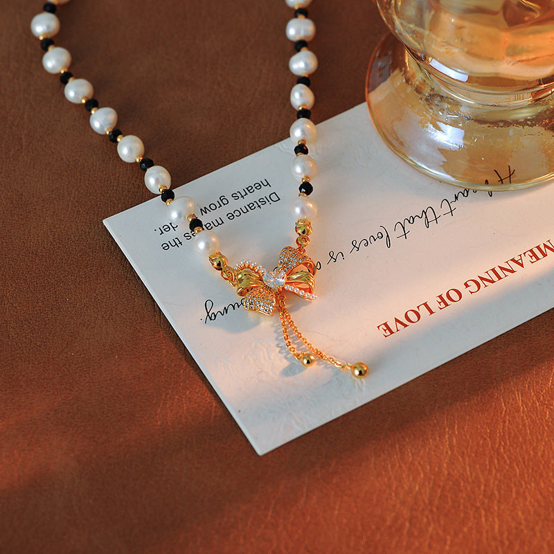 Trendy Bowknot Beaded Necklace for Women, Unique Design, Sweet and Versatile Collarbone Chain, Super Fairy