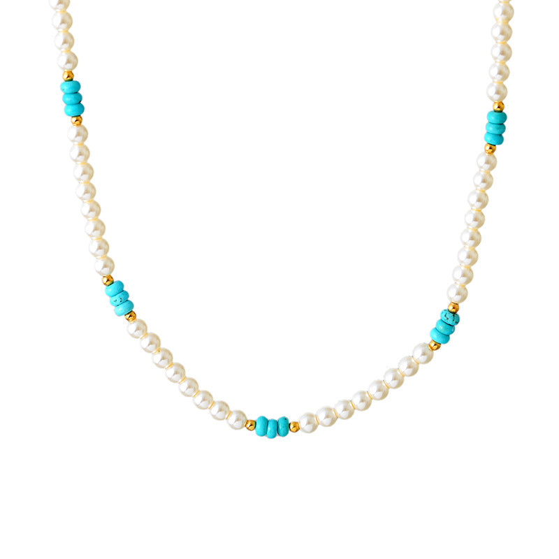 Tea White Retro Pearl Necklace for Women, Light Luxury Niche High-end Turquoise Elegant Layered Collarbone Chain Necklace