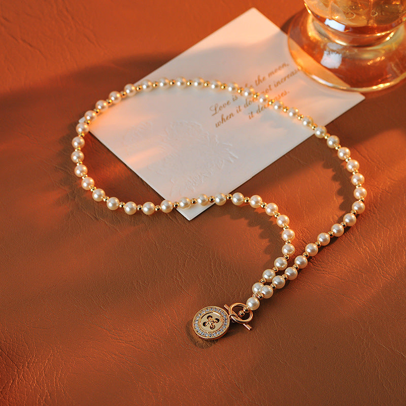 2025 Korean Version Button Pearl Necklace High-End Niche Sweater Chain Light Luxury Collarbone Chain
