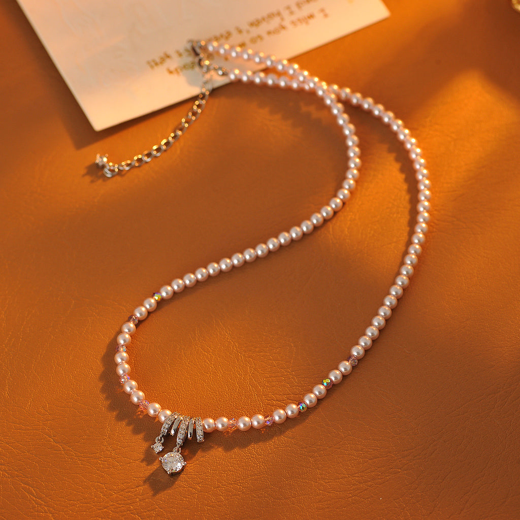 New Hot-Selling Pearl Geometric Zircon Pendant Pearl Necklace for Women Light Luxury Niche Collarbone Chain
