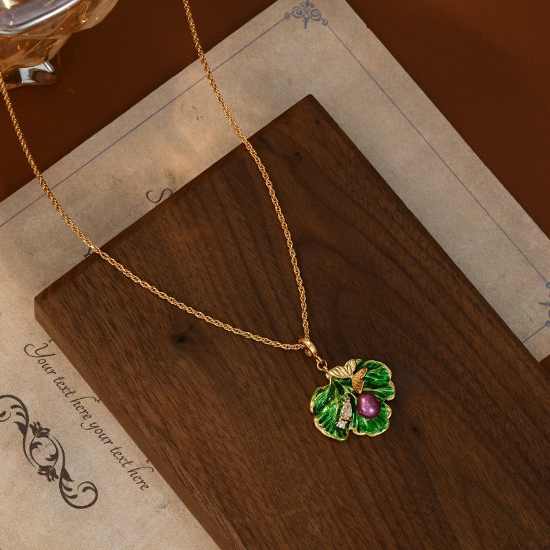 Real Gold Plated New Chinese Style Elegant Collarbone Chain for Women High-end Enamel Oil Drop Lotus Leaf Butterfly Pearl Necklace