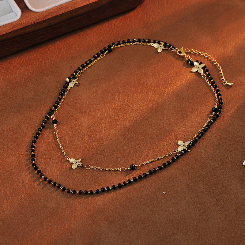 Electroplated Fashion Exquisite Double Layer Stacked Four-Leaf Flower Obsidian High-End Personality Necklace Versatile Collarbone Chain Choker