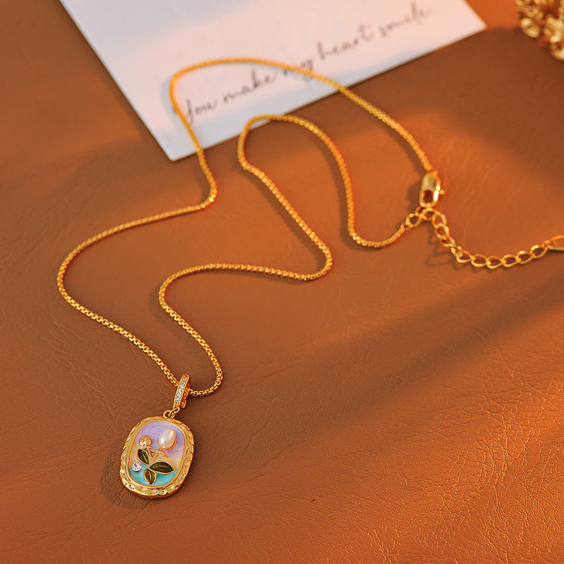 Monet Garden Vintage Necklace Natural Baroque Pearl Light Luxury Retro Oil Painting Style Collarbone Chain