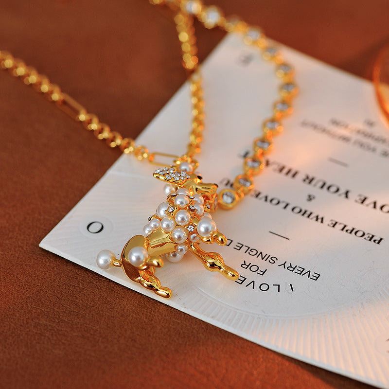 European and American Jewelry Creative Personality Sparkling Diamond Fun Cute Pearl 3D Dog Shape Necklace