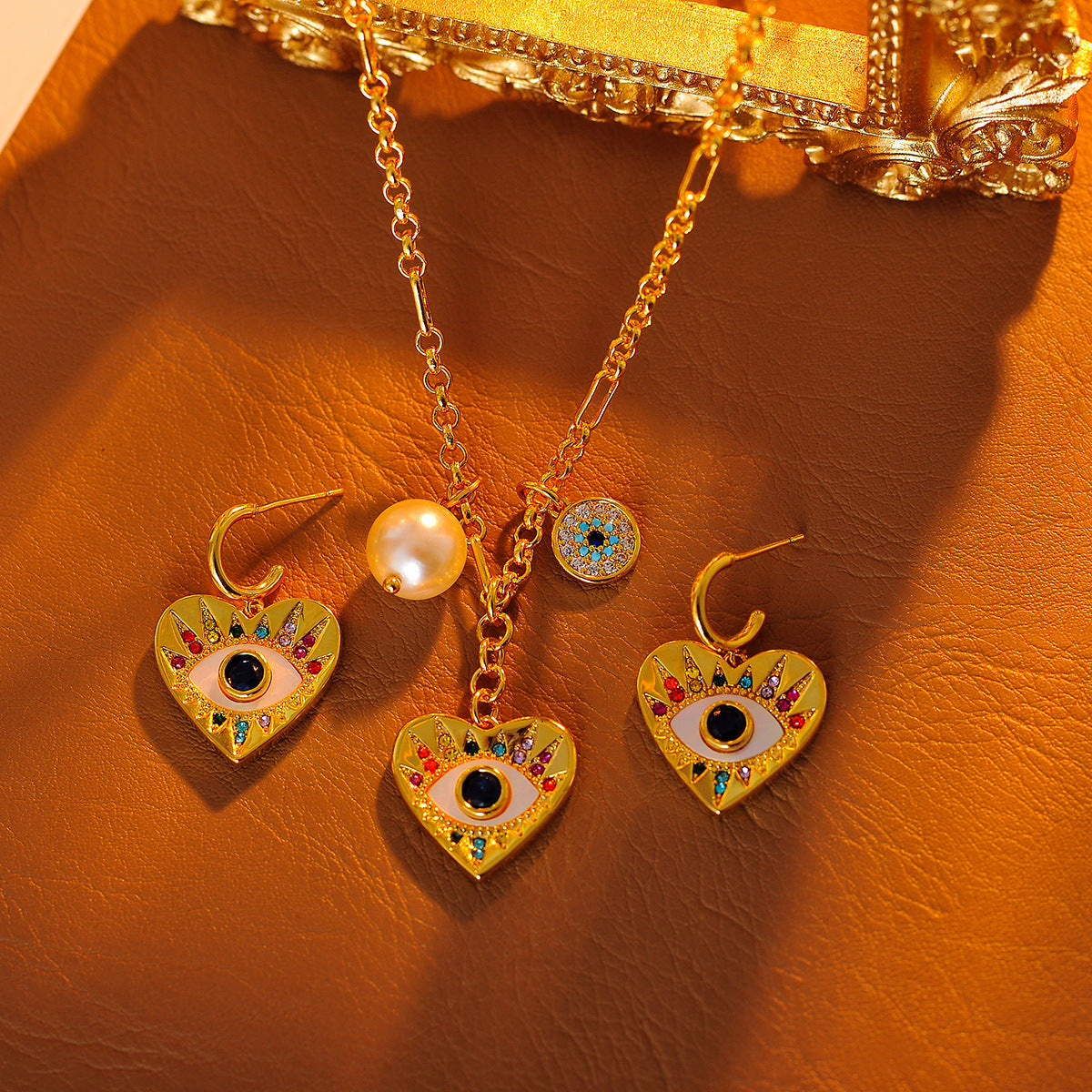 New Colorful Devil's Eye Heart Necklace for Women with Micro Pave Zirconia, Light Luxury High-end Earrings Set