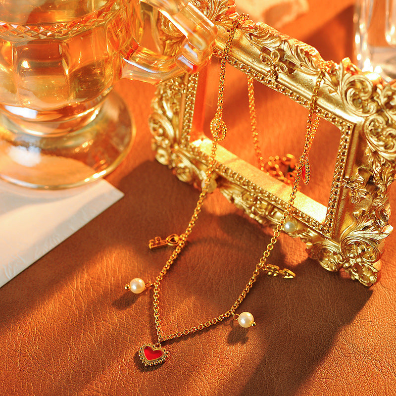 Vintage Light Luxury Red Agate Heart Pearl Tassel Necklace Bracelet for Women Niche High-end Elegant Collarbone Chain