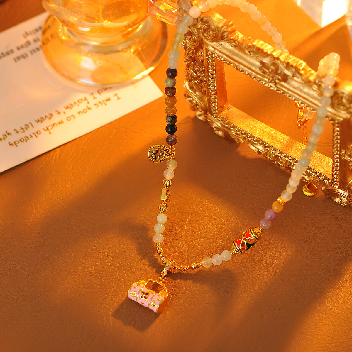 New Chinese Style Colorful Stone Necklace for Women Enamel Drop Glaze Lock Bag Pendant Neck Chain Light Luxury Exquisite Beaded Collarbone Chain