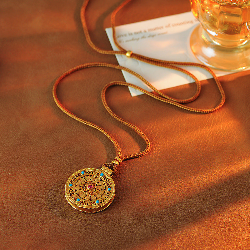 Wei Xue Same Style Enamel Ancient Filigree Ruyi Eight Treasures Compass Pendant Braided Rope Exquisite Niche Necklace for Women