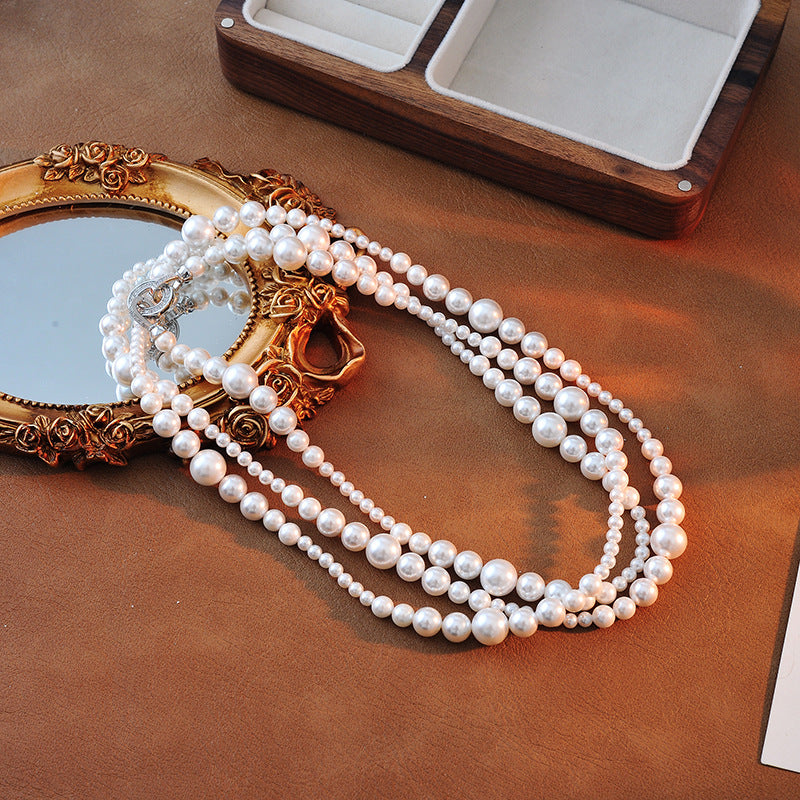 Imitation Shijia O-shaped Buckle Pearl Sweater Chain High Glossy Perfect Round Multi-layer Stacking High-end Vintage Long Elegant Necklace
