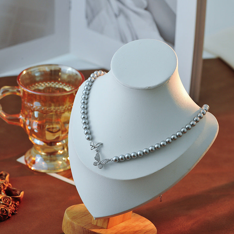 Genuine High-Grade Silver Gray Australian White Full Zircon Silver Butterfly Clasp Full Pearl Necklace Freshwater Pearl