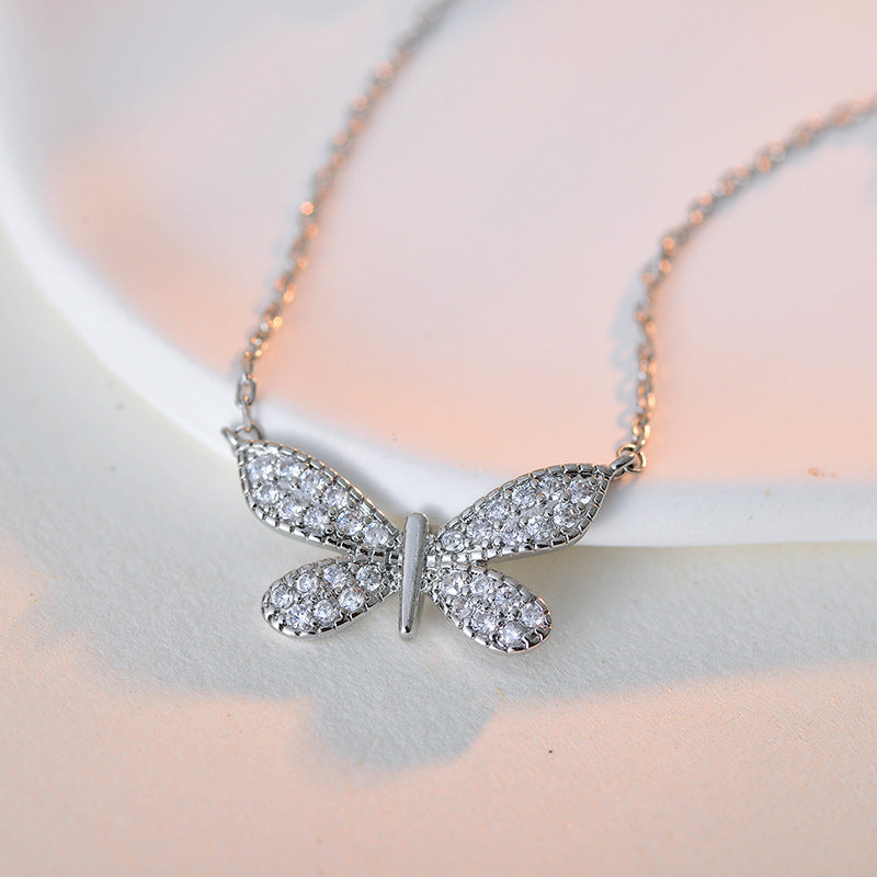 Cross-Border Hot Sale Butterfly Collarbone Chain Heart Pendant Exquisite Versatile High-End Full Diamond Necklace for Women