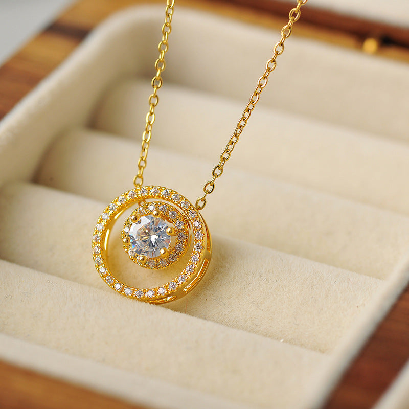New Copper Plated 18K Gold Necklace Small Zircon Mini Exquisite Vintage Round Pendant Japanese Style Hanging Pendant