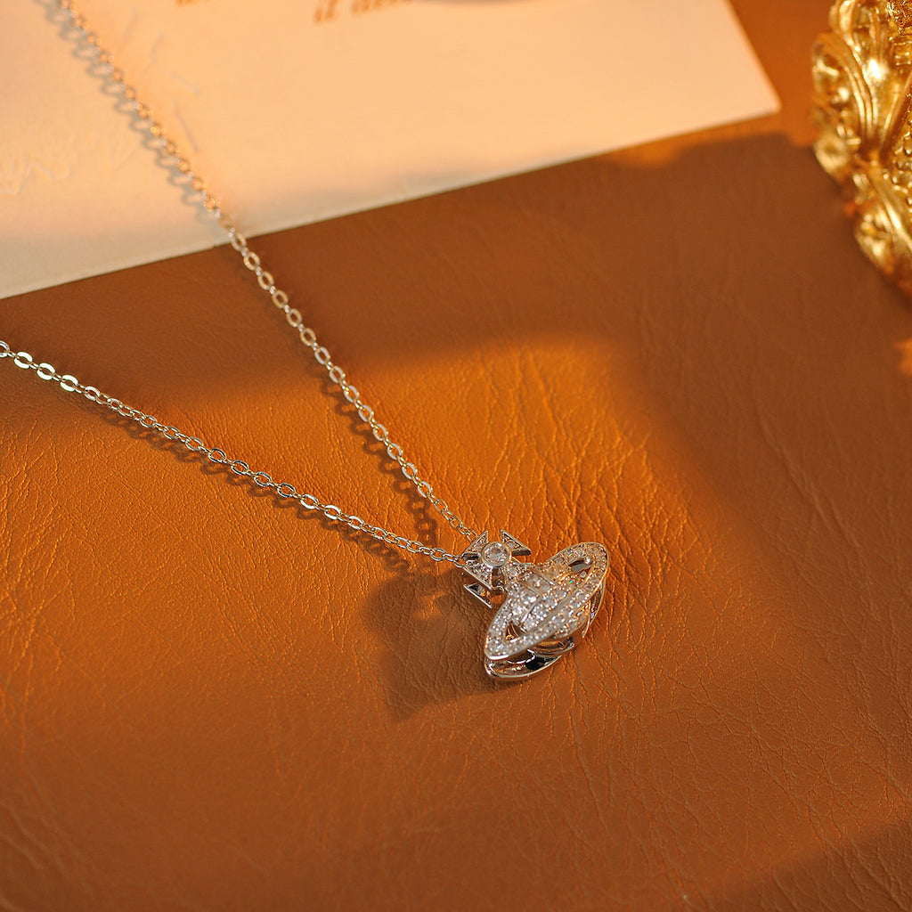 Silver Saturn Pendant Necklace Light Luxury High-end Niche Design New Exquisite Planet Collarbone Chain Jewelry