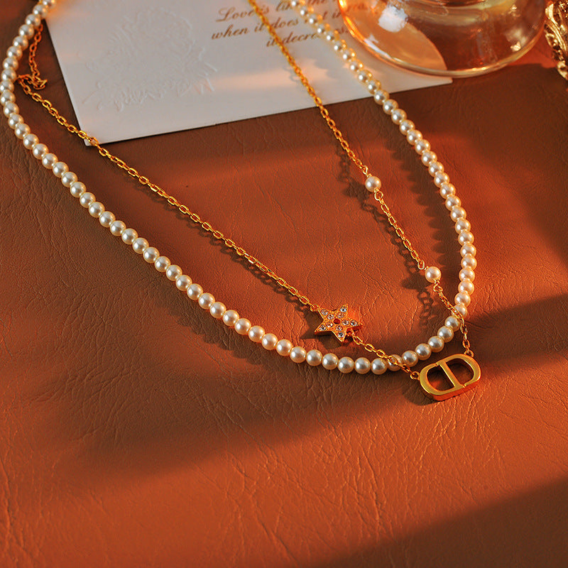 French Retro New Style High-End Letter Full Diamond Star Pearl Necklace for Women Light Luxury Versatile Double Layer Clavicle Chain Trendy