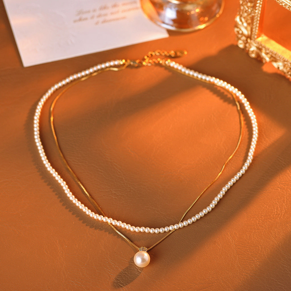 Shijia Zhenduo Hemp Single Pearl Pendant Necklace Autumn Winter Sweater Chain Elegant Double Layer Stacked Necklace
