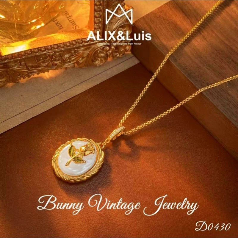 Copper Gold-Plated New Chinese Style Natural Baroque Pearl Necklace Vintage Fashion Light Luxury Rose Flower Necklace Collarbone Chain
