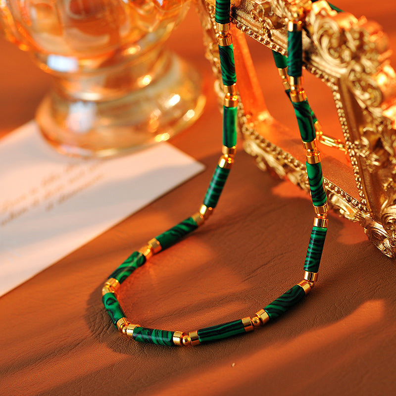 European and American High-End Malachite Beaded Necklace Light Luxury Retro Niche Design Choker New Chinese Style Collarbone Chain