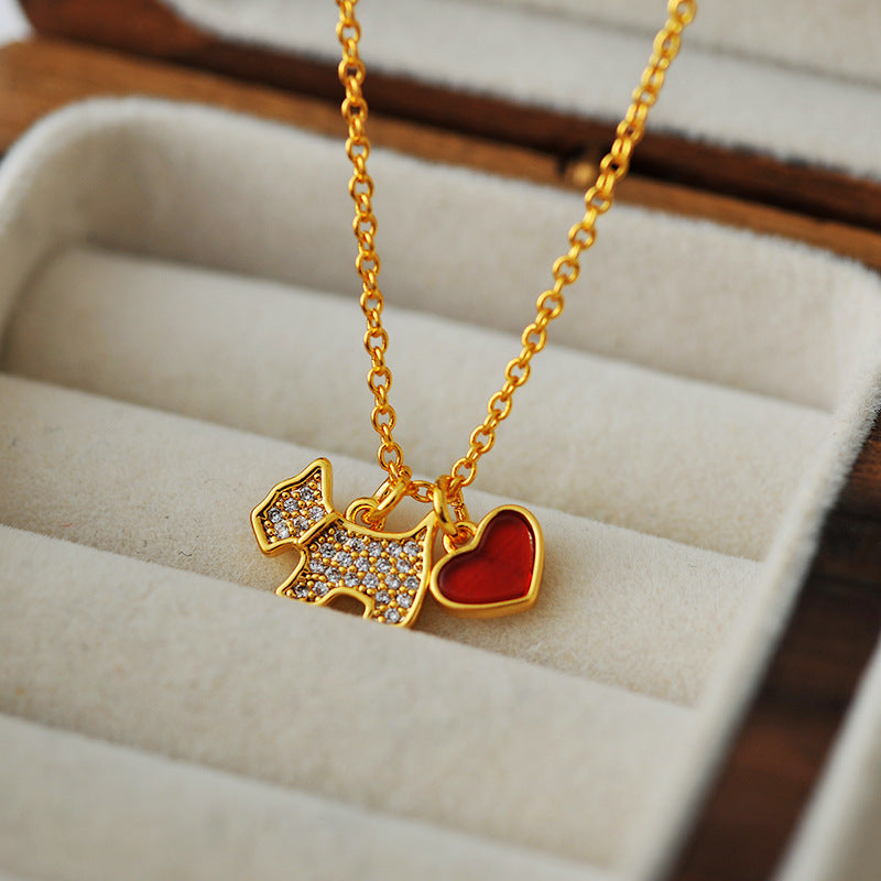 Heart Shell Full Diamond Puppy Necklace for Women, Korean and Japanese Style, Simple Red and White Heart Pendant, Clavicle Chain, Fashionable and Elegant