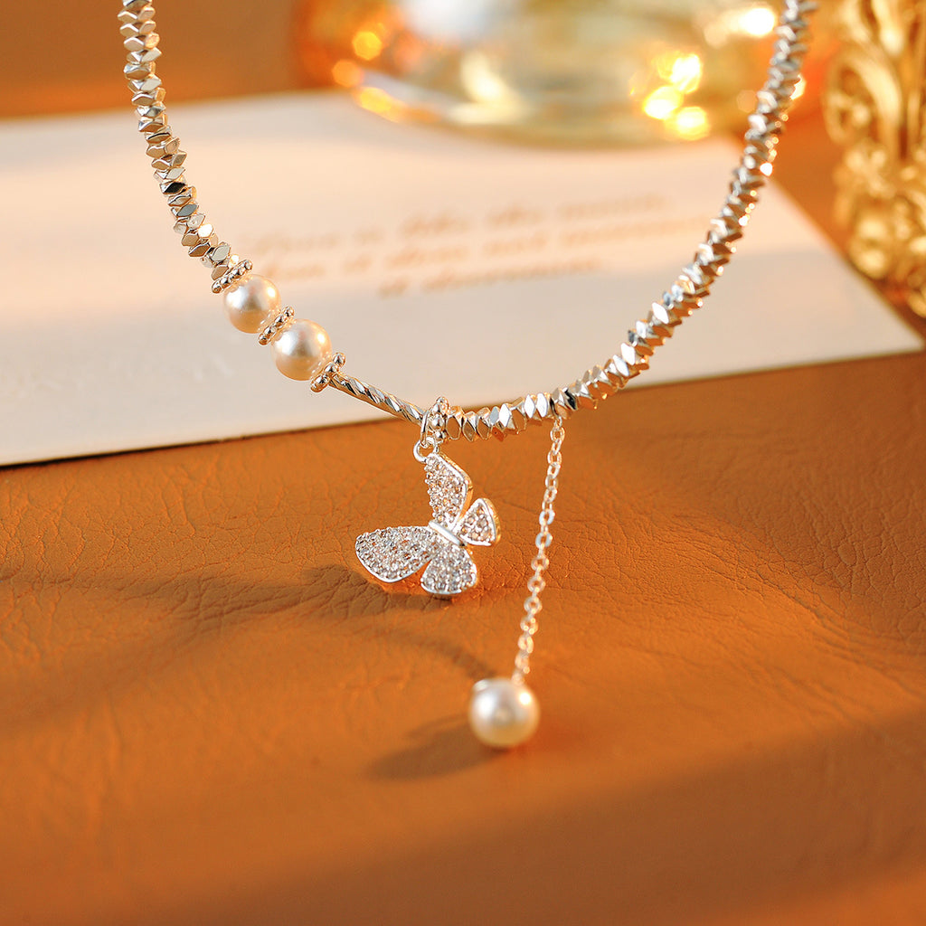 Broken Silver Butterfly Pearl Necklace for Women, Niche Design, Light Luxury, High-End Feel, 2025 New Clavicle Chain
