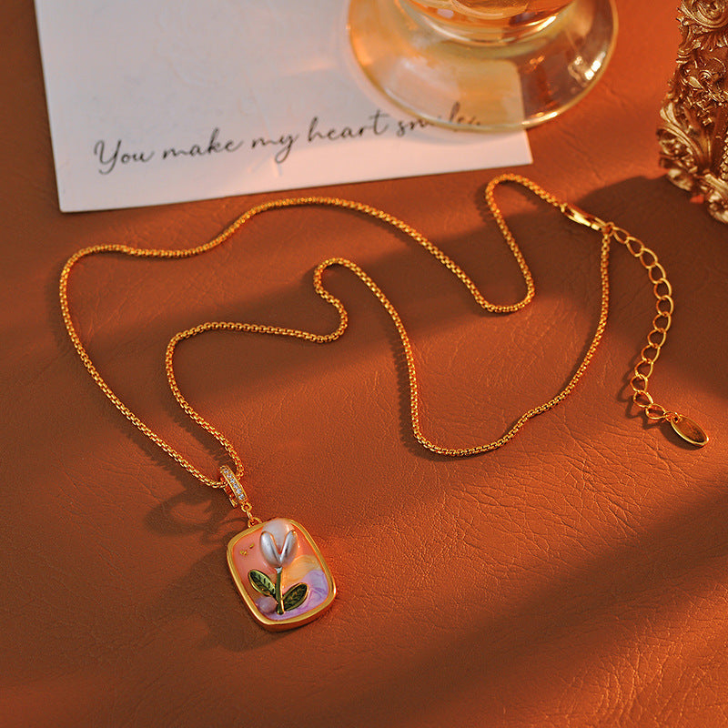 French Retro Oil Painting Pearl Pendant Oil Painting Style Necklace Universal Clasp Detachable Accessory