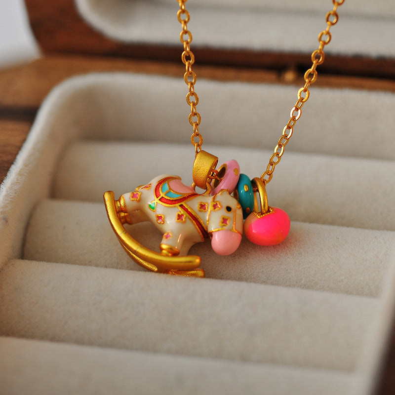 New Chinese Style Carousel Necklace for Women Dopamine Strong Treasure Color All Things Have Joy Collarbone Chain Enamel Oil Paint Necklace