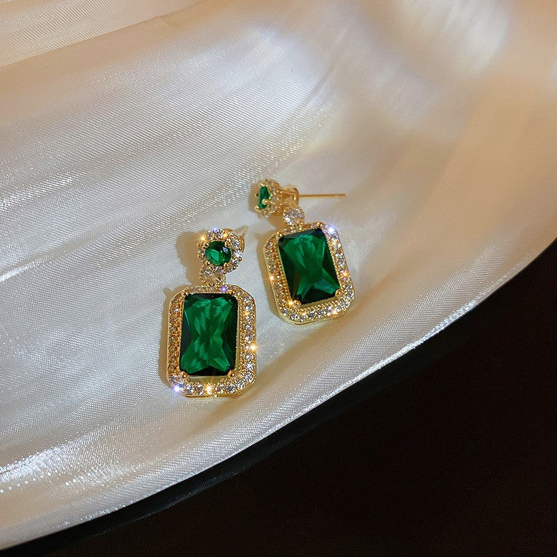 Titanium Steel Jewelry Zircon Emerald Crystal High-end Earrings Necklace Set Vintage Stud Earrings Elegant Collarbone Chain Ring