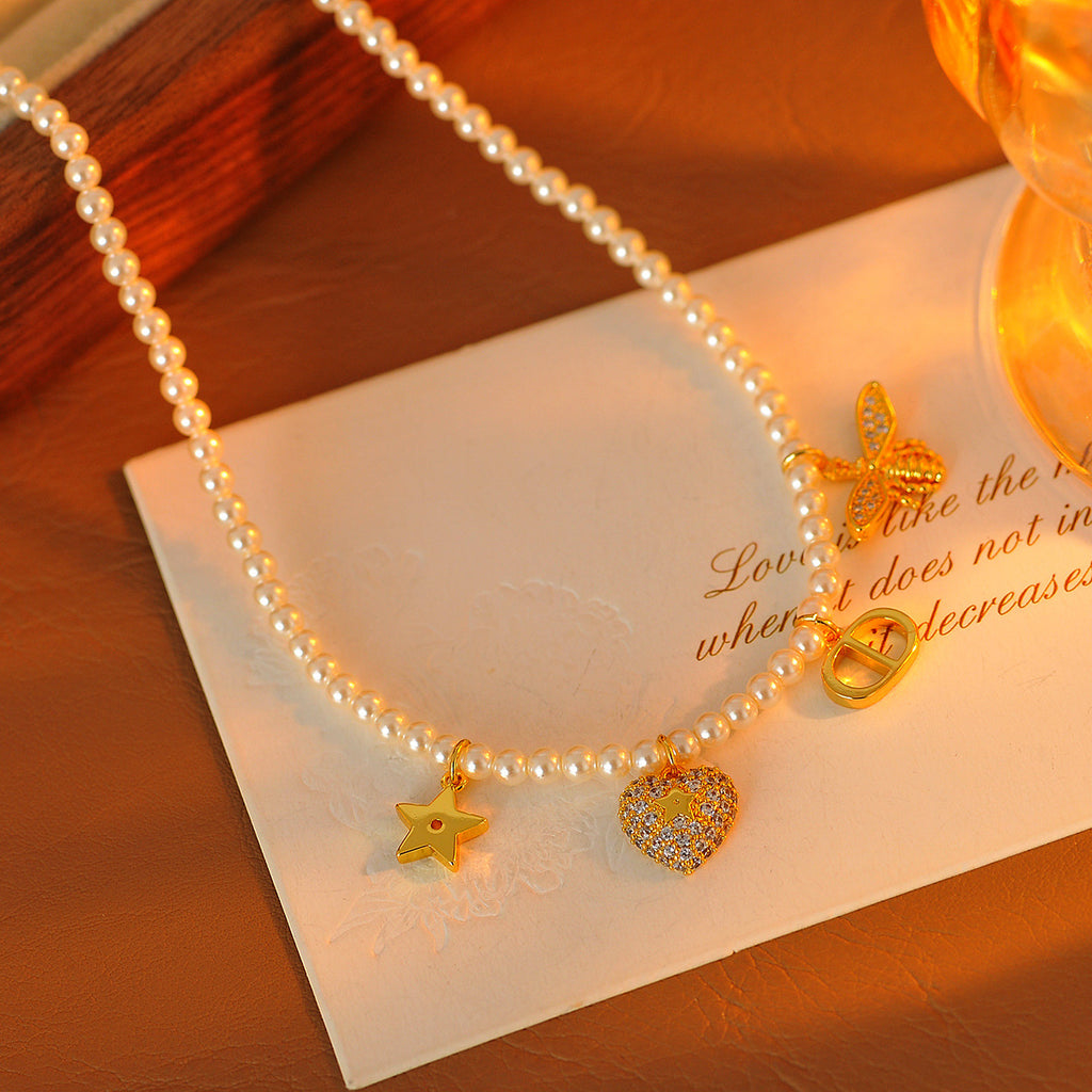 Bee Pig Nose Beaded Necklace Multi Pendant Little Bee Sparkling Diamond French Style Choker High-end Accessory