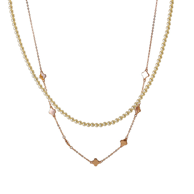 Graceful Luxury High-End Pearl Layered Necklace Personality Versatile Four-Leaf Clover Elegant Luxurious Exquisite Niche Design
