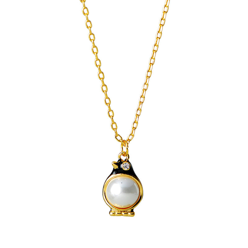 New Fashionable Light Luxury Commuting Fresh Cute Enamel Inlaid Pearl Penguin Shape Metal Necklace