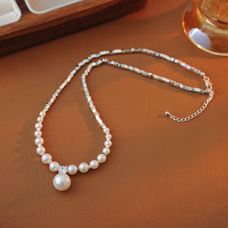 Shijia Pearl Fragment Silver Necklace Gradient High-end Feel Women's Necklace White French Retro Round Bead Collarbone Chain