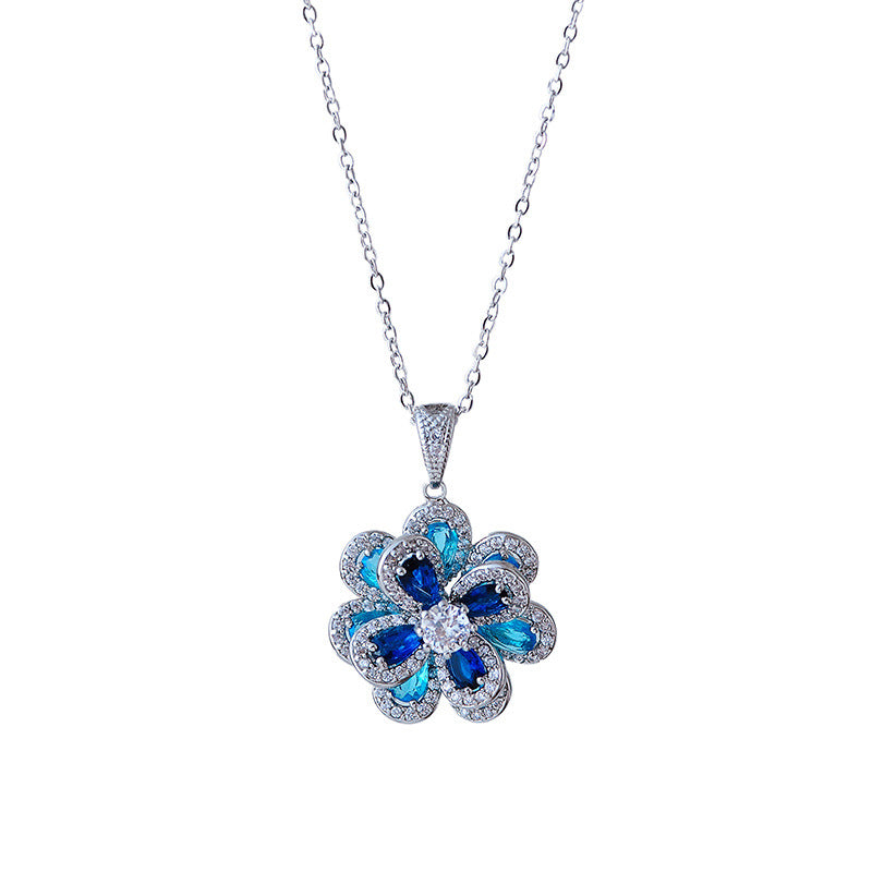 European and American Style Colorful Blue Zircon Flower Necklace Simple Three-Dimensional Camellia Pendant