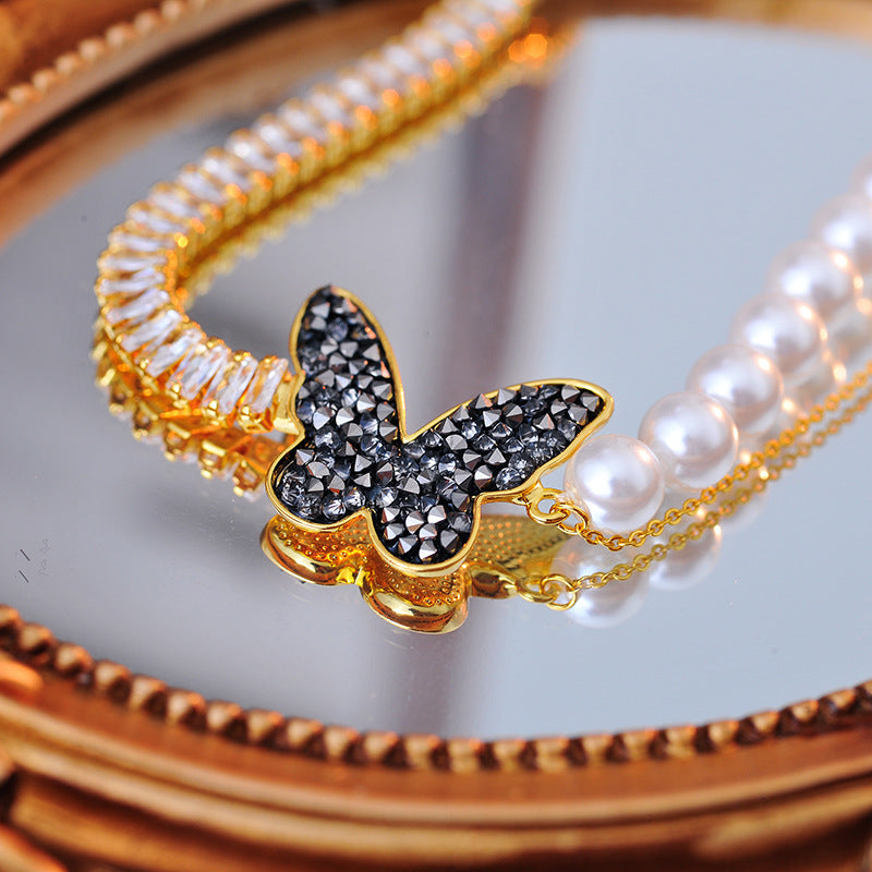 High Version Real Gold Plating Perfect Round Imitation Shijia Pearl Beaded Necklace Copper Inlaid Zircon Butterfly Hollow Necklace