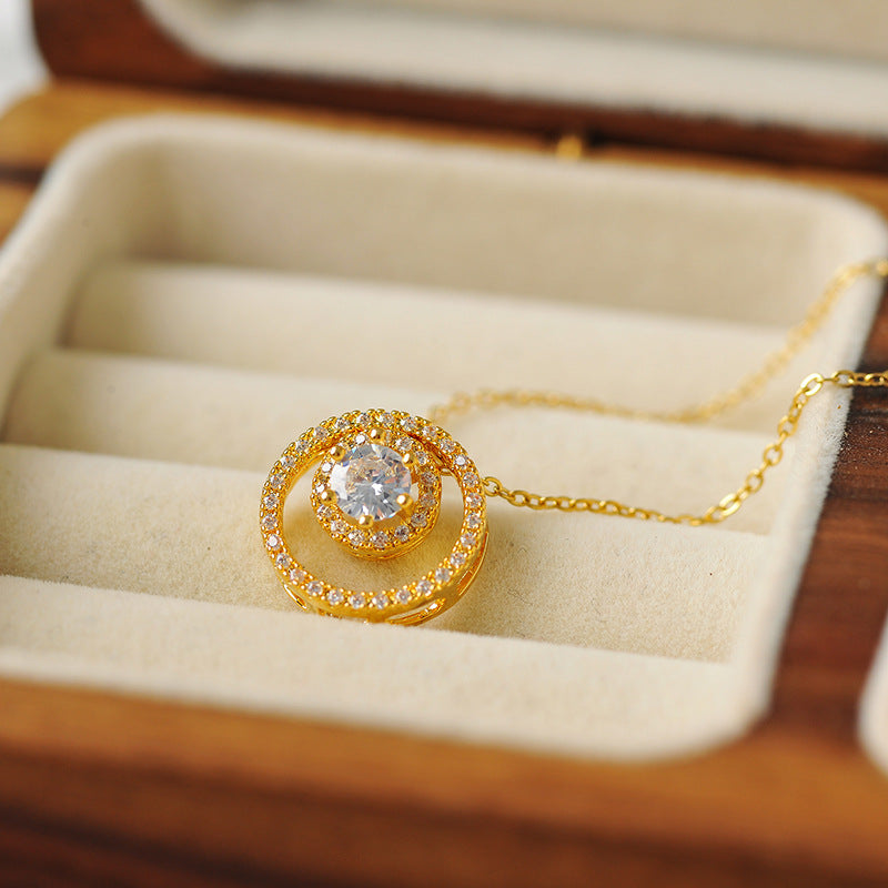 New Copper Plated 18K Gold Necklace Small Zircon Mini Exquisite Vintage Round Pendant Japanese Style Hanging Pendant